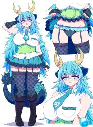 Rule 34 | 1girl, animal ears, blue dragon (kemono friends), blue eyes, blue garter belt, blue hair, blush, breasts, clothes lift, dragon ears, dragon girl, dragon horns, dragon tail, elbow gloves, extra ears, fingerless gloves, frilled panties, frills, gloves, highres, horns, japari symbol, kemono friends, kemono friends 3, large breasts, lifted by self, long hair, looking at viewer, mamiyama, multicolored hair, necktie, panties, shirt, skirt, skirt lift, sleeveless, sleeveless shirt, solo, tail, thighhighs, underwear, yellow horns