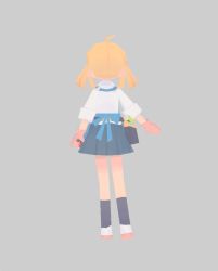 Rule 34 | 1girl, ahoge, arm at side, black socks, blonde hair, daizu (melon-lemon), facing away, from behind, full body, gloves, grey background, low poly, low twintails, no lineart, original, outstretched arm, pleated skirt, shirt, shoes, simple background, skirt, socks, solo, twintails, uwabaki, white shirt