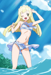 Rule 34 | 1girl, absurdres, bad id, bad pixiv id, bikini, blonde hair, cloud, creatures (company), day, game freak, green eyes, highres, lillie (pokemon), long hair, navel, nintendo, one eye closed, ontaros, open mouth, pokemon, pokemon (anime), pokemon sm (anime), sarong, sky, solo, standing, swimsuit, wading, water