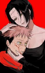 Rule 34 | 1boy, 1girl, alternate eye color, black hair, black shirt, blank stare, blood, blood on face, breasts, cleavage, fallsoki, fingernails, half-closed eyes, hands on another&#039;s head, highres, hood, hood down, itadori kaori, itadori yuuji, jujutsu kaisen, kenjaku, large breasts, long fingernails, long sleeves, looking down, mother and son, multicolored hair, parted lips, pink hair, red background, red hood, scar, scar on face, scar on forehead, scoop neck, shirt, short hair, smile, spiked hair, stitched face, stitches, undercut, yellow eyes