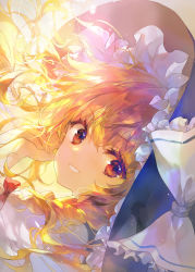 Rule 34 | 1girl, 888myrrh888, black hat, black vest, blonde hair, blush, bow, braid, brown eyes, commentary request, dress, frills, grin, hair between eyes, hair bow, hands up, hat, hat bow, kirisame marisa, light, long hair, looking at viewer, own hands together, red bow, shirt, short sleeves, single braid, smile, solo, teeth, touhou, upper body, vest, white bow, white shirt, witch hat