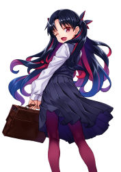 Rule 34 | 1girl, bag, black hair, bow, commentary request, dress, fate/grand order, fate (series), hair bow, highres, ishtar (fate), long hair, matsuryuu, multicolored hair, one eye closed, pantyhose, pinafore dress, pleated skirt, red eyes, red hair, school bag, school uniform, skirt, sleeveless dress, space ishtar (fate), two-tone hair, white background