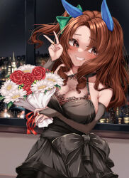 Rule 34 | 1girl, absurdres, alternate costume, animal ears, banquet, bare shoulders, black bow, black dress, blurry, blurry background, blush, bouquet, bow, breasts, bridal gauntlets, brown hair, city lights, cityscape, cleavage, commentary request, dress, ear bow, ear covers, elbow gloves, flower, gloves, green bow, grin, hair between eyes, highres, holding, holding bouquet, horse ears, horse girl, king halo (umamusume), lace, lace-trimmed dress, lace trim, long hair, long sleeves, looking at viewer, red eyes, smile, solo, tabunshake, umamusume, upper body, v, window