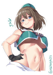 Rule 34 | 1girl, animal ears, beret, black gloves, blue eyes, blush, breasts, brown hair, closed mouth, commentary request, crop top, ebifurya, gloves, groin, hair between eyes, hair ornament, hairclip, hand on own hip, hat, highres, kantai collection, looking at viewer, maya (kancolle), maya kai ni (kancolle), medium breasts, midriff, mini hat, navel, no bra, one-hour drawing challenge, red ribbon, ribbon, sailor collar, short hair, simple background, skirt, sleeveless, smile, smug, solo, twitter username, underboob, white background, x hair ornament
