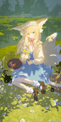Rule 34 | 1girl, animal, animal ears, arknights, basket, black cat, blonde hair, blue hairband, blue skirt, bobby socks, brown footwear, cardigan, cat, chinese commentary, cielluloid, closed mouth, commentary request, creature, cross-laced clothes, cross-laced skirt, cross-laced slit, crossover, flower, fox ears, fox girl, fox tail, frilled hairband, frills, full body, green eyes, hairband, heixiu, high-waist skirt, highres, holding, holding flower, kitsune, kyuubi, long hair, looking at viewer, luo xiaohei, luo xiaohei zhanji, mary janes, multiple tails, neck ribbon, official alternate costume, on ground, outdoors, red ribbon, ribbon, shirt, shoes, sitting, skirt, smile, socks, split mouth, suzuran (arknights), suzuran (spring praise) (arknights), tail, white shirt, white socks, yellow cardigan, yokozuwari