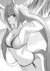 Rule 34 | 1girl, animal ears, arms up, bare shoulders, bikini, breasts, cleavage, cloud, cowboy shot, daiwa scarlet (umamusume), fang, greyscale, grin, hair intakes, halterneck, hands in hair, horizon, horse ears, horse girl, horse tail, jewelry, large breasts, long hair, looking at viewer, monochrome, navel, necklace, o-ring, open mouth, outdoors, shibasaki shouji, side-tie bikini bottom, sideways glance, sideways mouth, skin fang, smile, solo, sparkle, standing, string bikini, swimsuit, tail, twintails, umamusume, very long hair