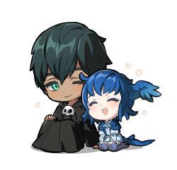 Rule 34 | 1boy, 1girl, ;), ^ ^, bird girl, bird legs, bird tail, black capelet, black hair, black robe, blue capelet, blue hair, brooch, capelet, chibi, closed eyes, commentary, cowlick, dress, feathered wings, final fantasy, final fantasy xiv, flower (symbol), full body, green eyes, hand on ground, hand on own knee, hands on own knees, head wings, hermes (ff14), hood, hood down, hooded capelet, jewelry, knees up, looking at another, mask, unworn mask, meteion, one eye closed, open mouth, robe, seiza, short hair, simple background, sitting, smile, symbol-only commentary, tail, talons, white background, white dress, wings, wuliu heihuo
