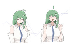 Rule 34 | 1girl, ahoge, before and after, closed eyes, detached sleeves, frog hair ornament, green hair, hair ornament, hair tubes, highres, kochiya sanae, long hair, mata (matasoup), nontraditional miko, simple background, single hair tube, snake hair ornament, solo, touhou, white background
