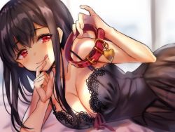 Rule 34 | 1girl, black hair, breasts, cleavage, collar, unworn collar, commentary request, finger to mouth, hand on own chin, heart collar, holding, large breasts, licking lips, long hair, lying, mole, mole under mouth, natsuki iori, naughty face, nightgown, on side, original, red collar, red eyes, solo, tongue, tongue out