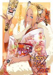 Rule 34 | 1girl, animal ears, animal print, blonde hair, blue eyes, braid, butcha-u, chinese zodiac, dark-skinned female, dark skin, earrings, fake animal ears, fake tail, floral print, french braid, from side, hairband, hand up, happy new year, highres, holding, japanese clothes, jewelry, kimono, lips, looking at viewer, looking to the side, nail polish, new year, obi, orange nails, original, parted lips, sash, short ponytail, sidelocks, smile, solo, tail, tiger ears, tiger print, tiger tail, translation request, upper body, v, white kimono, wide sleeves, year of the tiger