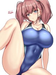Rule 34 | 1girl, alternate costume, atlanta (kancolle), blue one-piece swimsuit, blush, breasts, brown hair, collarbone, commentary request, competition swimsuit, covered navel, dated, earrings, grey eyes, highleg, highleg swimsuit, highres, jewelry, kantai collection, knee up, large breasts, long hair, looking at viewer, montemasa, one-piece swimsuit, open mouth, single earring, sitting, solo, star (symbol), star earrings, swimsuit, twitter username, two side up, white background