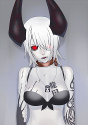Rule 34 | 10s, 1girl, :p, abyssal ship, alternate color, blood, bra, breasts, chain, cleavage, collar, dark persona, glowing, glowing eyes, hair over one eye, horns, jewelry, kantai collection, looking at viewer, necklace, red eyes, sharp teeth, silver hair, solo, tatsuta, tatsuta (kancolle), tattoo, teeth, tenryuu (kancolle), tongue, tongue out, underwear, wata do chinkuru