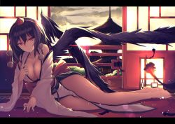 Rule 34 | 1girl, absurdres, architecture, bad id, bad twitter id, barefoot, black hair, black wings, breasts, cleavage, detached sleeves, east asian architecture, feathers, full body, hat, highres, inactive account, iwashi (nisankatanso), jpeg artifacts, kourindou tengu costume, large breasts, looking at viewer, pelvic curtain, pom pom (clothes), red eyes, shameimaru aya, smile, solo, sunset, tokin hat, touhou, wide sleeves, wings