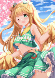 Rule 34 | 1girl, ;d, bare arms, bare shoulders, belt, belt buckle, blonde hair, blue sky, blush, bow, breasts, brown belt, buckle, cheerleader, cloud, cloudy sky, commentary request, crop top, day, diagonal-striped bow, drawstring, frilled skirt, frills, fujisawa yuzu, green eyes, green shirt, green skirt, hair bow, highres, holding, long hair, looking at viewer, medium breasts, navel, one eye closed, ongeki, open mouth, outdoors, pleated skirt, pom pom (cheerleading), shirt, skirt, sky, sleeveless, sleeveless shirt, smile, solo, twintails, underboob, very long hair, white bow, xenon (for achieve)