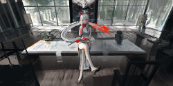 Rule 34 | 1girl, absurdres, arknights, bare legs, black footwear, bonsai, breasts, colored skin, crossed legs, dragon girl, dragon horns, dragon tail, dress, folded fan, folding fan, full body, gradient skin, grey dress, grey hair, hand fan, high heels, highres, holding, holding fan, horns, indoors, leg tattoo, legs, lemtun, long hair, looking at viewer, medium breasts, multicolored hair, nian (arknights), nian (unfettered freedom) (arknights), official alternate costume, on table, parted lips, pointy ears, purple eyes, red skin, sidelocks, sitting, sleeveless, sleeveless dress, smile, solo, streaked hair, table, tail, tattoo, two-tone hair, vase, wooden floor