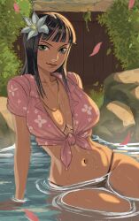 Rule 34 | 1girl, black hair, black panties, blue eyes, blunt bangs, breasts, bush, cleavage, collared shirt, commentary, cropped shirt, falling petals, fence, flower, gold necklace, hair flower, hair ornament, highres, jewelry, large breasts, long hair, looking at viewer, navel, necklace, nico robin, one piece, onsen, outdoors, panties, partially submerged, petals, pink shirt, plunging neckline, rock, shirt, solo, symbol-only commentary, taikolum, underwear, wet, wooden fence