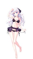 Rule 34 | 1girl, absurdres, alternate costume, arm up, bare arms, barefoot, bikini, black bikini, blue eyes, blunt ends, blush, braid, breasts, breasts apart, collarbone, curvy, feet, floating hair, flower, flower bikini, full body, hair between eyes, hair flower, hair ornament, hair spread out, hairclip, half updo, halterneck, head tilt, highres, holding, holding clothes, holding ribbon, holding swimsuit, knees together feet apart, long hair, looking at viewer, low-tied long hair, medium breasts, midriff, na-ga, naruse shiroha, navel, official art, parted lips, pink flower, ponytail, ribbon, ringed eyes, shiny skin, side-tie bikini bottom, simple background, solo, standing, stomach, summer pockets, sweat, swimsuit, toes, twin braids, very long hair, white background