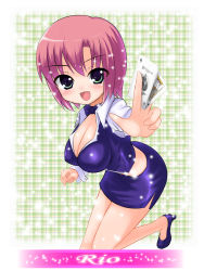 Rule 34 | 1girl, breasts, card, cleavage, croupier, high heels, holding, holding card, large breasts, miniskirt, pencil skirt, rio rollins, shima-shuu, short hair, skirt, solo, super blackjack