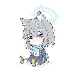 Rule 34 | 1girl, absurdres, animal ear fluff, blue archive, blue eyes, blue halo, blue scarf, blush, bright pupils, chibi, closed mouth, cross hair ornament, full body, grey hair, hair ornament, halo, highres, looking at viewer, masabodo, scarf, shiroko (blue archive), short hair, simple background, sitting, solo, white background, white pupils