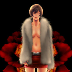 Rule 34 | 1girl, bad id, bad pixiv id, belt, breasts, brown hair, cleavage, female focus, fur, highres, kayu, large breasts, meiko (vocaloid), miniskirt, navel, no bra, open clothes, short hair, skirt, solo, vocaloid