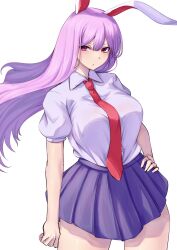 Rule 34 | 1girl, breasts, hand on own hip, highres, large breasts, long hair, looking at viewer, miniskirt, mirufui, necktie, purple hair, purple skirt, red necktie, reisen udongein inaba, shirt, skirt, solo, thick thighs, thighs, touhou, very long hair, white background, white shirt