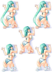 Rule 34 | 1girl, against wall, alternate costume, alternate hairstyle, ass, back, bikini, breasts, butt crack, character sheet, cosplay, female focus, frog hair ornament, from behind, green hair, hair ornament, hatsune miku, hatsune miku (cosplay), highres, kiyama satoshi, kneeling, kochiya sanae, large breasts, long hair, looking at viewer, looking back, multiple views, open mouth, sideboob, snake hair ornament, striped bikini, striped clothes, swimsuit, tears, thighhighs, touhou, twintails, underboob, variations, very long hair, vocaloid, white bikini, white thighhighs, yellow eyes