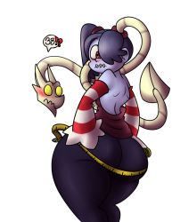 Rule 34 | 1girl, ass, blue hair, blue skin, blush, cerealharem, colored skin, huge ass, leviathan (skullgirls), red eyes, simple background, skullgirls, speech bubble, squigly (skullgirls), stitched mouth, stitches, tape measure, wide hips, zombie