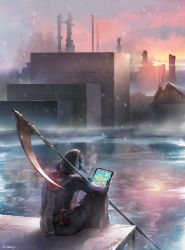 Rule 34 | bird mask, black robe, book, building, cloud, cloudy sky, cross, death, death (entity), fog, frozen, frozen lake, graveyard, grey scarf, grim reaper, highres, holding, holding tablet pc, hood, hood up, house, ice, maddoze, mask, original, over shoulder, playing, playing games, reflection, ribs, robe, runes, scarf, scenery, scythe, signature, sitting, skeleton, skull, sky, snow, snowing, sunset, tablet pc, tree, weapon, weapon over shoulder
