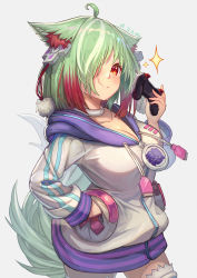 Rule 34 | 1girl, animal ears, breasts, character request, cleavage, closed mouth, commentary request, controller, cosplay, fang, game controller, green hair, grey background, hair over one eye, hand in pocket, highres, holding, holding controller, holding game controller, long sleeves, looking at viewer, medium breasts, multicolored hair, neptune (neptunia), neptune (neptunia) (cosplay), neptune (series), red eyes, red hair, sakumichi, simple background, skin fang, smile, solo, tail, two-tone hair, virtual youtuber