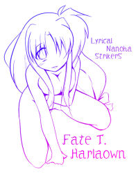 Rule 34 | 00s, 1girl, :d, blush, bow, breast hold, breasts, cleavage, copyright name, fate testarossa, full body, hair bow, hair over one eye, leaning forward, long hair, looking at viewer, low-tied long hair, lyrical nanoha, mahou shoujo lyrical nanoha, mahou shoujo lyrical nanoha strikers, monochrome, namuru, nude, open mouth, parted bangs, purple theme, sidelocks, simple background, sitting, smile, solo, spread legs, very long hair, wariza, white background