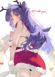 Rule 34 | 1girl, absurdres, ass, bare shoulders, blush, breasts, commentary, cowboy shot, fake antlers, fur-trimmed skirt, fur trim, genshin impact, highres, keqing (genshin impact), large breasts, long hair, looking at viewer, parted lips, purple eyes, purple hair, red skirt, skirt, solo, standing, very long hair, yamasede neiko