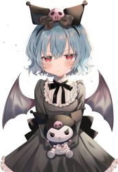 Rule 34 | 1girl, bat wings, black bow, black dress, black hairband, black ribbon, blue hair, blush, bow, commentary request, cowboy shot, dress, gothic lolita, hair between eyes, hair bow, hair ornament, hairband, highres, holding, holding stuffed toy, kuromi, lolita fashion, long sleeves, looking at viewer, neck ribbon, onegai my melody, petticoat, red eyes, remilia scarlet, ribbon, sanrio, satoupote, short hair, simple background, skull hair ornament, solo, stuffed animal, stuffed toy, touhou, white background, wings
