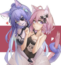 Rule 34 | 2girls, ahoge, animal ears, arm between breasts, bare shoulders, bat ears, bat girl, bat wings, between breasts, black dress, borrowed character, braid, breasts, cat ears, cat girl, cat hair ornament, cat tail, clenched hands, collarbone, colored tongue, crown braid, dress, earrings, eyepatch, fictional persona, furrowed brow, ghost tail, hair between eyes, hair ornament, heart, heart-shaped pupils, heart eyepatch, high ponytail, highres, hug, hug from behind, intertwined tails, jewelry, large breasts, licking lips, looking at viewer, lucine lavendel (otikata&#039;s curse), multiple braids, multiple earrings, multiple girls, nervous, nyatasha nyanners, nyatasha nyanners (1st costume), open mouth, pink hair, purple hair, purple lips, purple tongue, red background, short hair, signature, small breasts, symbol-shaped pupils, tail, tongue, tongue out, twin braids, two-tone background, virtual youtuber, vshojo, w arms, wavy mouth, white background, wings, yuri, yyfuu
