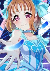 Rule 34 | 1girl, absurdres, birthday, blue feathers, breasts, collarbone, commentary, feathers, highres, kyaku tasu, light smile, love live!, love live! sunshine!!, medium breasts, orange hair, red eyes, short hair, sidelocks, signature, smile, solo, takami chika, upper body, water blue new world