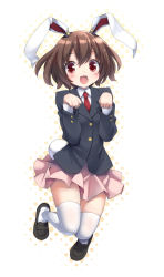 Rule 34 | 1girl, :3, :d, animal ears, blazer, blouse, blush, brown hair, cosplay, female focus, hair between eyes, inaba tewi, jacket, kani biimu, loafers, looking at viewer, miniskirt, necktie, open mouth, paw pose, rabbit ears, rabbit girl, rabbit tail, red eyes, red necktie, reisen udongein inaba, reisen udongein inaba (cosplay), shirt, shoes, short hair, skirt, smile, solo, tail, thighhighs, thighs, touhou, white background, white shirt, white thighhighs, zettai ryouiki