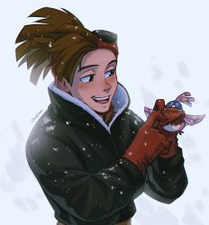 Rule 34 | 2boys, bird, black eyes, boku no hero academia, boku no hero academia: world heroes&#039; mission, brown hair, chalseu, eyebrows, eyelashes, fur-trimmed jacket, fur trim, goggles, goggles on head, happy, highres, jacket, long hair, long sleeves, looking at another, mittens, multiple boys, open mouth, pale skin, pino (boku no hero academia), ponytail, rody soul, sleeves past elbows, smile, snowing, teeth, tongue, winter clothes