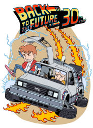 Rule 34 | 2boys, alarm clock, arrow (symbol), back to the future, brown hair, cable, car, clenched teeth, clock, collared shirt, copyright name, delorean, denim, emmett brown, fire, fire, goggles, goggles on head, gullwing doors, highres, hoverboard, jeans, left-hand drive, lightning, lightning bolt symbol, marty mcfly, motor vehicle, multiple boys, old, old man, open mouth, pants, pizza man, science fiction, shirt, short hair, simple background, sunglasses, teeth, time machine, two-tone background, vehicle, vehicle focus, vest, wheel, white hair, wire