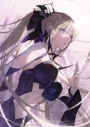 Rule 34 | 1girl, blonde hair, braid, breasts, cleavage, detached sleeves, dutch angle, fate/grand order, fate (series), french braid, from below, from side, highres, large breasts, long hair, morgan le fay (fate), navel, ponytail, shaded face, solo, tsurukame, very long hair, white background