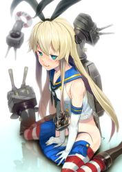 Rule 34 | 10s, 1girl, absurdres, bad id, bad pixiv id, blonde hair, blue eyes, elbow gloves, fukurou (suga0930), gloves, highres, kantai collection, long hair, looking at viewer, rensouhou-chan, shimakaze (kancolle), sitting, skirt, smile, solo, striped clothes, striped thighhighs, thighhighs, wariza