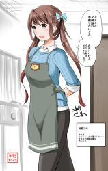 Rule 34 | 10s, 1girl, apron, asagumo (kancolle), brown eyes, brown hair, dress shirt, hair ribbon, highres, kantai collection, open mouth, ribbed sweater, ribbon, shirt, smile, solo, sweater, translation request, twintails, yano toshinori