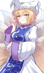 Rule 34 | 1girl, animal ears, blonde hair, blush, closed mouth, dress, e.o., fox ears, fox tail, hair between eyes, hat, highres, juliet sleeves, long sleeves, multiple tails, puffy sleeves, short hair, simple background, smile, solo, tabard, tail, touhou, white background, white dress, white hat, wide sleeves, yakumo ran, yellow eyes