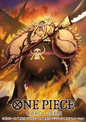 Rule 34 | 1boy, bandana, black overalls, blonde hair, braided sidelock, commentary request, copyright name, destruction, edward weevil, facial hair, fire, from below, holding, holding weapon, long hair, long mustache, male focus, mustache, nekobayashi, official art, one piece, one piece card game, open mouth, overalls, skull, solo, spiked hair, stitched arm, stitched face, stitched neck, stitches, very long hair, weapon