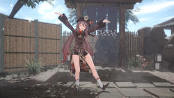 Rule 34 | 1girl, 3d, absurdres, arms up, brown hair, closed eyes, full body, genshin impact, hat, highres, hu tao (genshin impact), legs, long sleeves, mikumikudance (medium), red eyes, short shorts, shorts, smile, socks, solo, symbol-shaped pupils, tailcoat, top hat, twintails