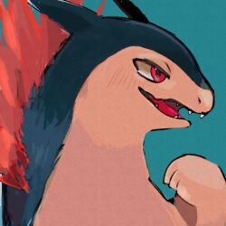 Rule 34 | aqua background, commentary request, creatures (company), fangs, fire, from side, game freak, gen 2 pokemon, hand up, ibispaint (medium), kandahisaaki, nintendo, no humans, open mouth, pokemon, pokemon (creature), portrait, red eyes, solo, tongue, typhlosion