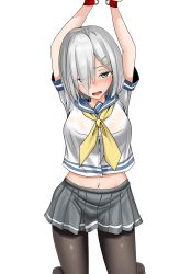 Rule 34 | 10s, 1girl, arms up, bdsm, black pantyhose, blue eyes, blush, bondage, bound, grey skirt, hair ornament, hair over one eye, hairclip, hamakaze (kancolle), highres, kantai collection, looking at viewer, midriff, navel, open mouth, pantyhose, pleated skirt, saliva, school uniform, serafuku, short hair, short sleeves, silver hair, simple background, skirt, solo, tachi (mtd), tears, white background