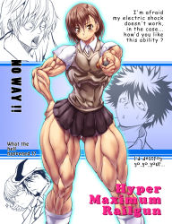 Rule 34 | 10s, 1girl, 4boys, aiming, aiming at viewer, blush, breasts, brown eyes, brown hair, brown sweater, brown sweater vest, brown vest, cleavage, coin, crossover, death note, english text, extreme muscles, feet out of frame, grey skirt, hair between eyes, hand on own hip, head tilt, holding, holding coin, kamijou touma, l (death note), light blush, looking at viewer, medium hair, miniskirt, misaka mikoto, multiple boys, muscular, muscular arms, muscular female, muscular legs, necktie, o o, outstretched arm, pleated skirt, purukogi (plasma beach), school uniform, shirt, short hair, short sleeves, skirt, smile, socks, standing, sweater, sweater vest, t-shirt, thick thighs, thighs, tiger &amp; bunny, toaru kagaku no railgun, toaru majutsu no index, tokiwadai school uniform, toned, toned female, v-shaped eyebrows, vest, white shirt, wide hips