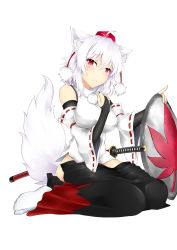 Rule 34 | 1girl, absurdres, animal ears, bare shoulders, black skirt, breasts, bridal gauntlets, closed mouth, clothes pull, detached sleeves, full body, hair between eyes, hand on own chest, hands up, hat, highres, hip focus, holding, holding shield, impossible clothes, impossible shirt, inubashiri momiji, japanese clothes, katana, leaf print, long skirt, looking at viewer, maple leaf print, medium breasts, multicolored clothes, multicolored skirt, pom pom (clothes), red eyes, red skirt, ribbon-trimmed sleeves, ribbon trim, sheath, sheathed, shield, shirt, short hair, simple background, sitting, skirt, skirt down, solo, sword, sword hilt, tail, tokin hat, touhou, wariza, weapon, white background, white footwear, white hair, white shirt, wide sleeves, wolf ears, wolf tail, zakusan