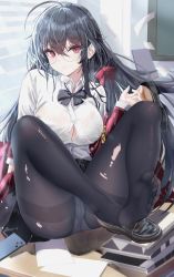 Rule 34 | 1girl, absurdres, age fx, ahoge, armband, azur lane, black bow, black hair, bow, bowtie, breasts, feet, glasses, highres, jacket, large breasts, long hair, long sleeves, looking at viewer, official alternate costume, pantyhose, pleated skirt, red eyes, red jacket, school uniform, shirt, skirt, solo, taihou (azur lane), taihou (sweet time after school) (azur lane), torn clothes, torn pantyhose, white shirt, yellow armband