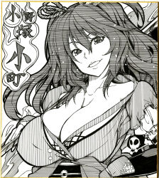 Rule 34 | 1girl, 1other, breasts, character name, cleavage, death (entity), greyscale, grim reaper, hair between eyes, highres, holding, holding scythe, ishida kazuma, large breasts, looking at viewer, medium hair, monochrome, onozuka komachi, scythe, shikishi, short sleeves, smile, teeth, touhou, traditional media, two side up, upper teeth only