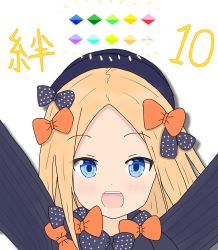 Rule 34 | 1girl, :d, abigail williams (fate), absurdres, arms up, atsumisu, bad id, bad pixiv id, black bow, black dress, black hat, blonde hair, blue eyes, blush, bow, commentary request, dress, fate/grand order, fate (series), forehead, gameplay mechanics, hair bow, hat, highres, long hair, long sleeves, o/, open mouth, orange bow, outstretched arms, parted bangs, polka dot, polka dot bow, simple background, smile, solo, teeth, translation request, upper teeth only, white background